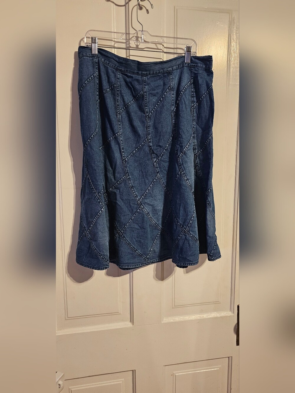 Studio West Patchwork Flare Denim Skirt in Blue